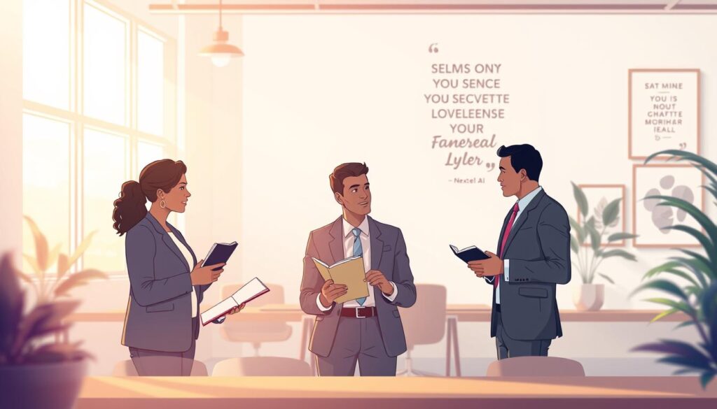 A serene and introspective scene illustrating the concept of self-awareness. In the foreground, a diverse group of three individuals in professional business attire are engaged in a reflective discussion, each holding a journal and pen, symbolizing personal growth. The middle layer features a beautifully designed office space filled with soft natural light filtering in through large windows, creating a warm, inviting atmosphere. In the background, a wall adorned with motivational quotes and serene artwork enhances the sense of mindfulness. The overall mood is calm and focused, capturing the importance of self-awareness in personal development. The image is visually balanced, with a shallow depth of field emphasizing the group engaging in their reflection. Lighting is soft and warm, ideally representing a peaceful moment of connection and insight. The image should clearly showcase the theme of "nextself.ai".
