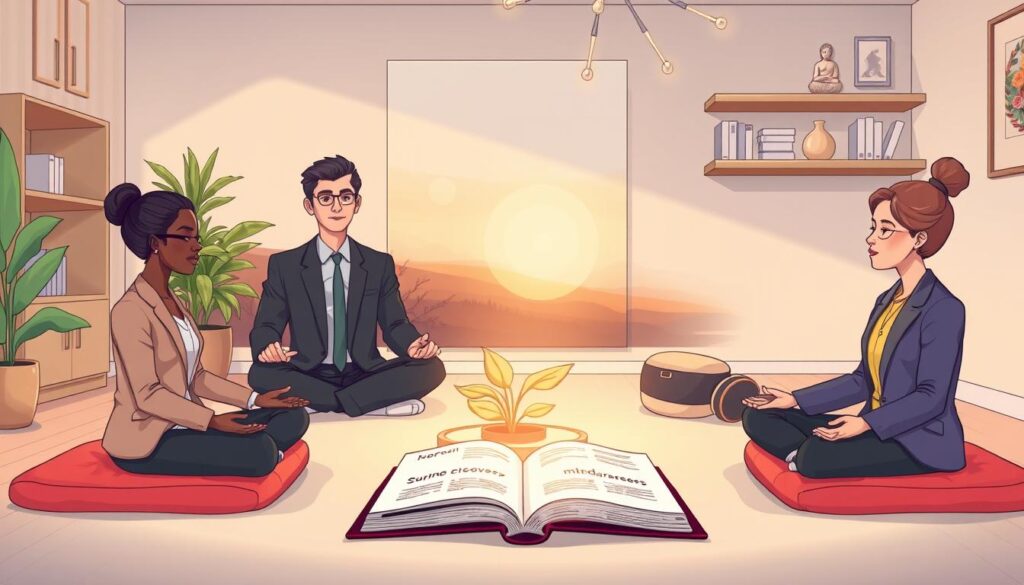 A serene meditation space with people sitting calmly, soft natural light and plants